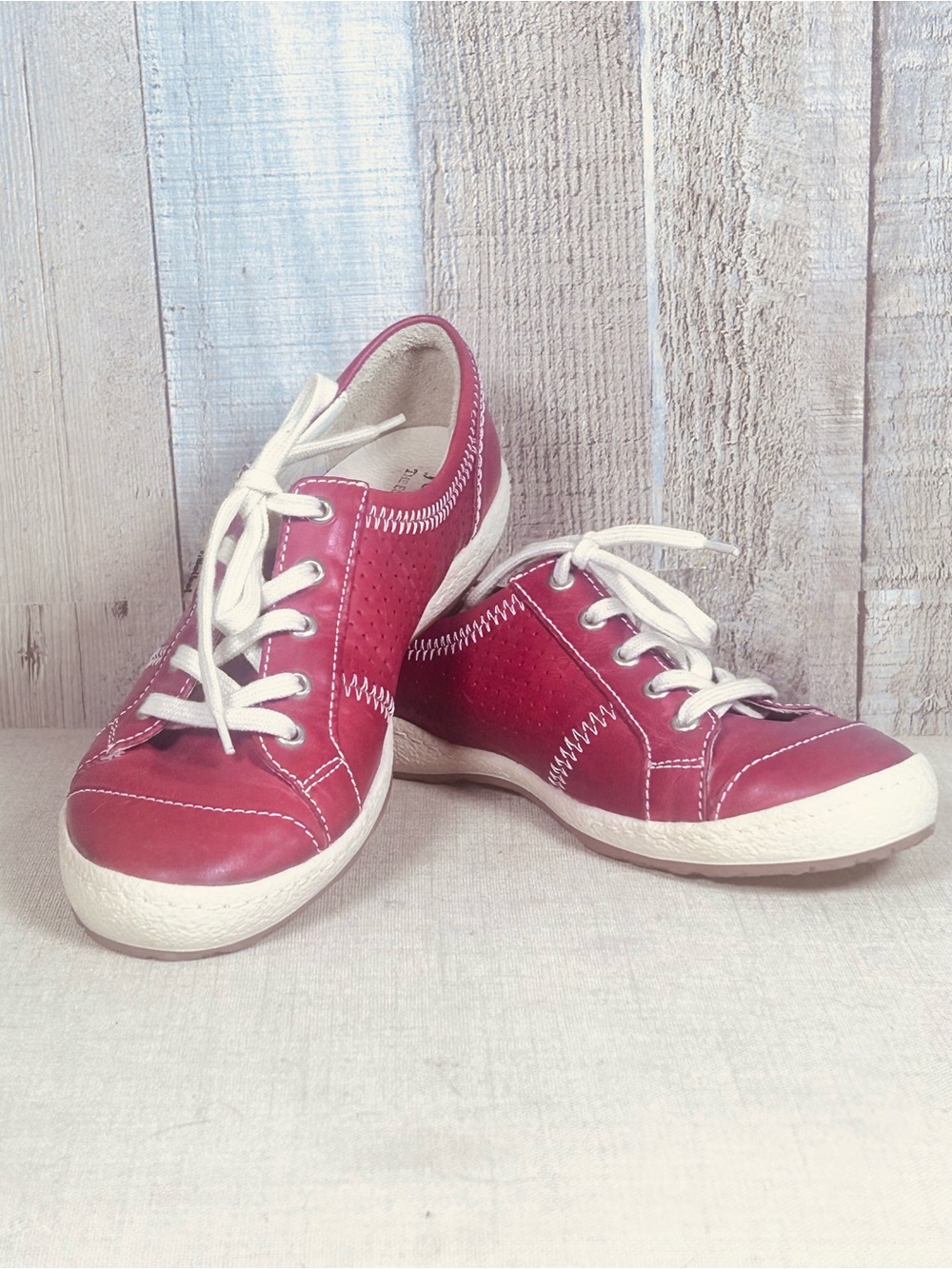Josef Seibel Red Leather Lace Up Walking Sneakers Shoes EU 36 Retro Whip Stitch